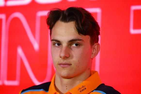 Oscar Piastri fronts the media in Bahrain.