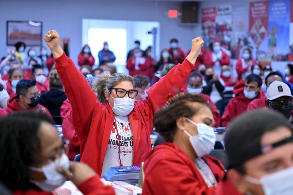 A union member cheers during a pre-canvass rally at the Culinary Workers Union hall in Las Vegas.