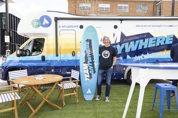 Atlassian co-founder Scott Farquhar with the company’s campervan, which drew attention to its policy allowing staff to work ‘anywhere’.