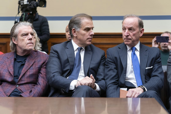 Hunter Biden accompanied by his attorney, Abby Lowell, right, sitting in the front row at a House Oversight Committee hearing.
