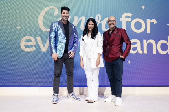 Canva co-founders Cliff Obrecht, Melanie Perkins and Cameron Adams in Sydney in March.