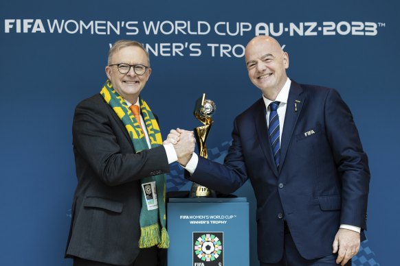 Prime Minister Anthony Albanese and FIFA president Gianni Infantino with the Women’s World Cup trophy.