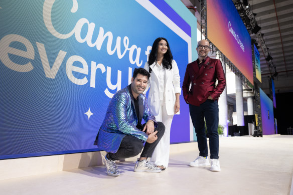 Canva, led by Melanie Perkins, Cliff Obrecht (left) and Cameron Adams, is widely seen as an IPO prospect but has not revealed any timing.