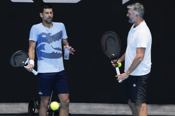 Novak Djokovic and his coach, Goran Ivanisevic, during a practice session prior to the Australian Open.