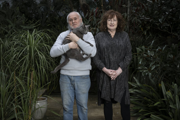 Cressida Campbell and her partner Warren Macris, with pet cat Minski.