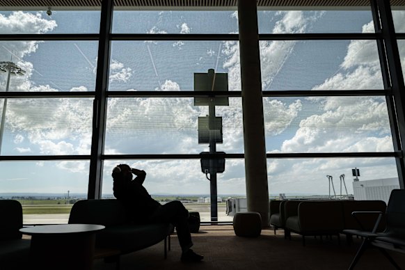 The massive windows at the gates of Western Sydney International Airport look out over the Blue Mountains (and the tarmac).