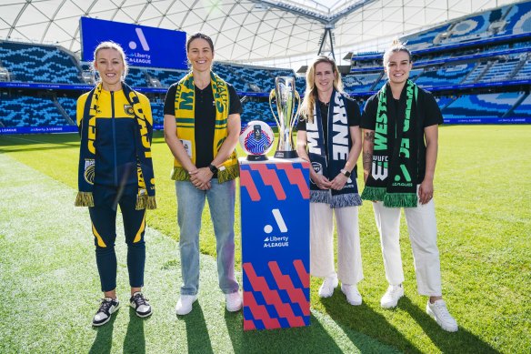 A-League Women stars Taren King, Emily Gielnik, Elise Kellond-Knight and Chloe Logarzo at Allianz Stadium on Friday.