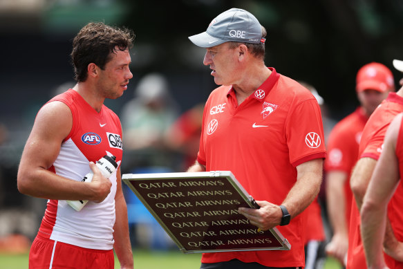 Swans coach John Longmire talks with Oliver Florent during preseason.