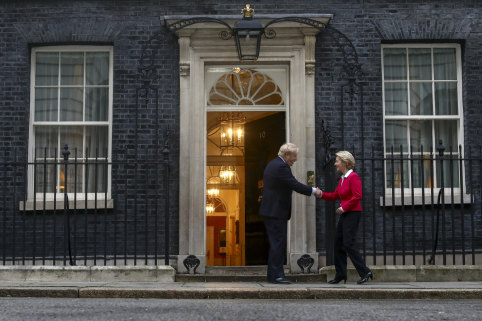 British Prime Minister Boris Johnson welcomes European Commission President Ursula von der Leyen to Downing Street on Wednesday.