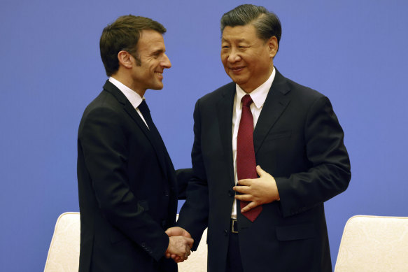 French President Emmanuel Macron and Chinese President Xi Jinping in Beijing last week. 