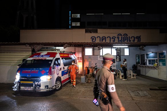 Shane Warne’s body departs Surat Thani Hospital for Bangkok on Monday.