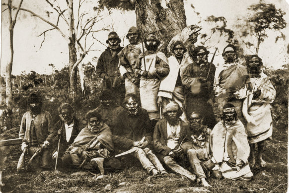 Gunditjmara men of the Cart Gunditj clan in 1859. Eight years later, south-west Victorian Aboriginal people were confined to the Lake Condah Mission. 