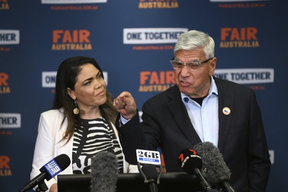 Leading No campaigner Nyunggai Warren Mundine and Liberal senator Jacinta Nampijinpa Price during a press conference in Brisbane