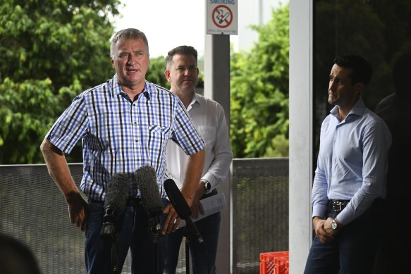 Darren Zanow (left) during a press conference in Ipswich after his byelection win, with LNP deputy leader Jarrod Bleijie (centre) and leader David Crisafulli.