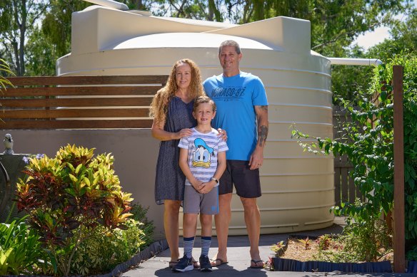 Corinda parents Debbie and Roger Pegoraro, and their son Elijah, 8, are keen to save water.