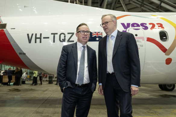 Qantas chief executive Alan Joyce and Prime Minister Anthony Albanese at the airline’s unveiling of its Yes logo on Monday.