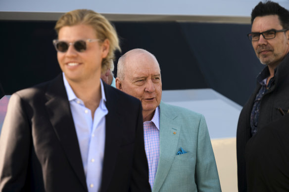 Jake Thrupp with Alan Jones and guests at the broadcaster’s farewell boat party after his final 2GB show in 2020.