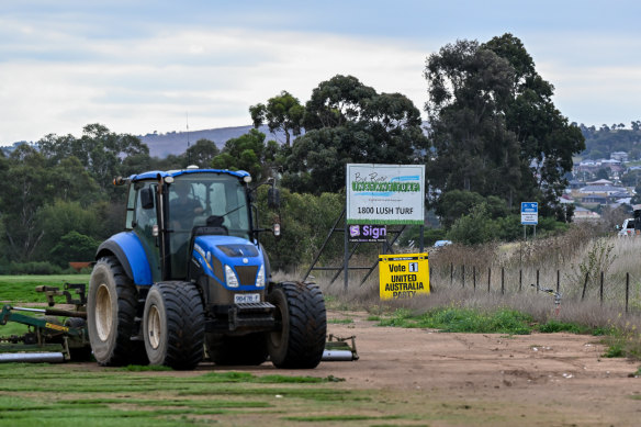United Australia Party signs have been erected on the property of Big River Instant Turf in Bacchus Marsh. 