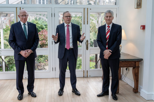 Prime Minister Anthony Albanese in London in May flanked by Governor-General David Hurley (left) and high commissioner Stephen Smith.