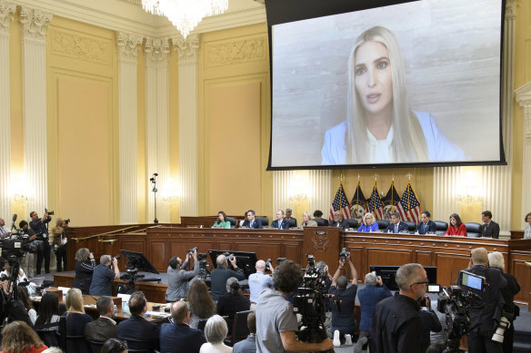 Ivanka Trump’s testimony is replayed on a screen at the House select committee’s  first public hearing into the Capitol riots.