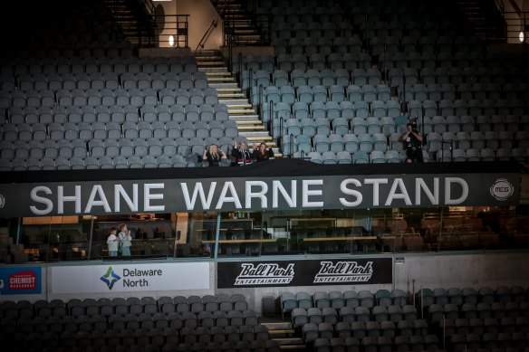 The Shane Warne Stand is unveiled at his memorial service, March 30, 2022.