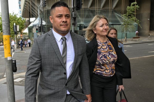 Jarryd Hayne arrives at the District Court in Sydney on Monday with his barrister Margaret Cunneen, SC.