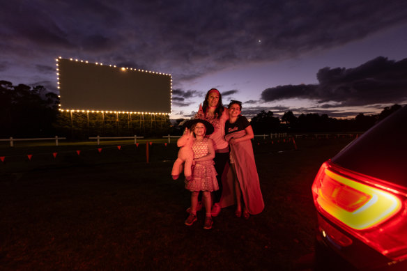 Kelly Stuart and her daughters Ayva , 11, and Harper, 6, dressed in their Barbie-themed outfits for the film’s screening in Dromana.