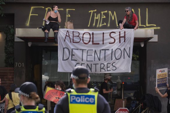 Protesters outside the Park Hotel last Thursday. 