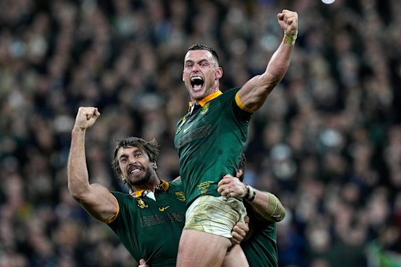 South Africa’s Jesse Kriel (right) and Eben Etzebeth celebrate victory over New Zealand in the 2023 World Cup final.
