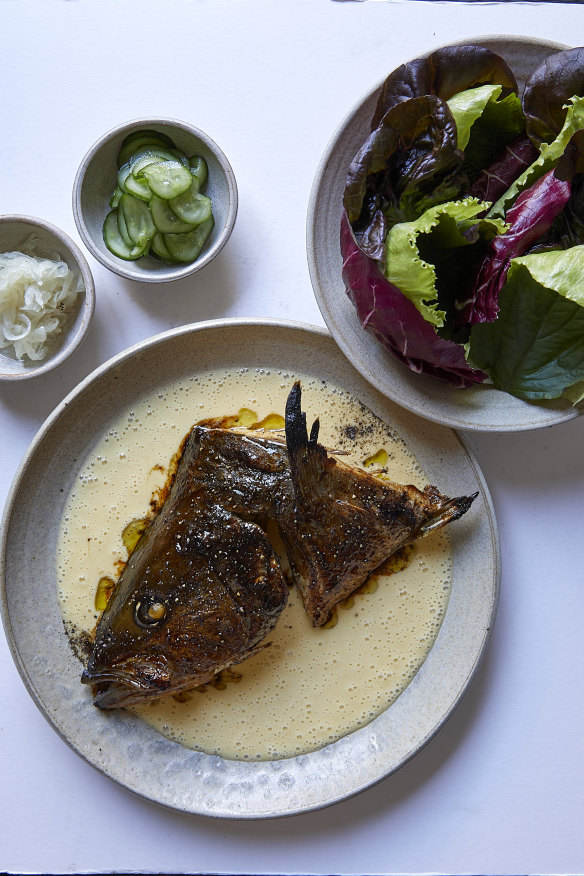 Kingfish forequarter with beurre blanc and lettuce cups.