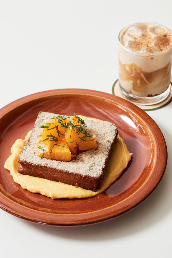 Fried milk bread with cardamom sugar, orange, citrus curd and mint, and Ophelia’s soon-to-be-cult iced latte with miso-butterscotch.