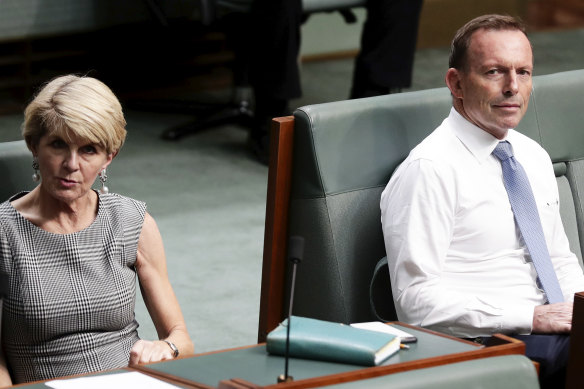  Julie Bishop and Tony Abbott during a division in the House of Representatives in December 2018.