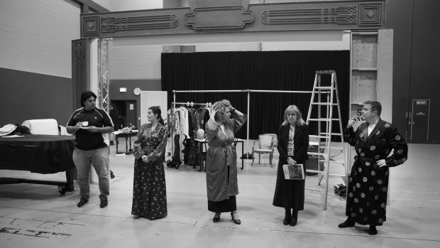 The cast of A Night with Opera Queensland Show in rehearsal. From left: Rosario La Spina, Victoria Lambourn, Emily Burke, pianist Narelle French, and Shaun Brown.