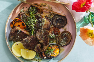 Barbecued lamb chops with sweet potato and rosemary butter.