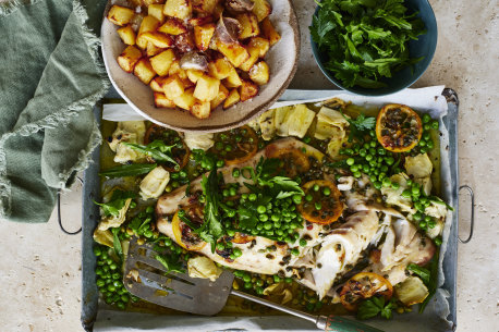 Karen Martini’s baked blue-eye trevalla with potatoes, peas and lemon and caper sauce