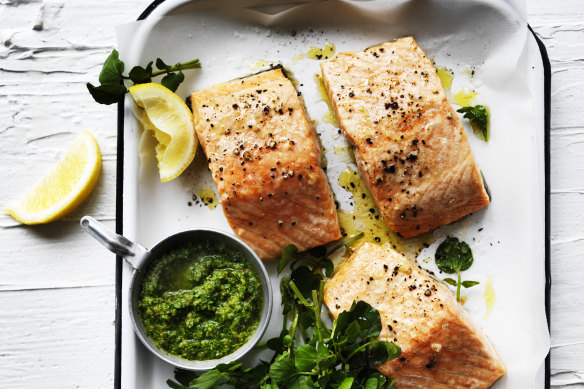 Adam Liaw’s roast salmon with macadamia and rocket pesto.