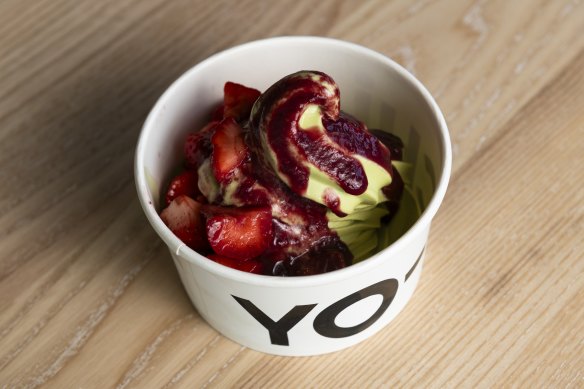 Matcha yoghurt, raspberry coulis and fresh strawberries.