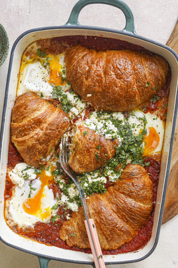 Shakshuka meets savoury bread-and-butter pudding in this share-friendly brunch dish.