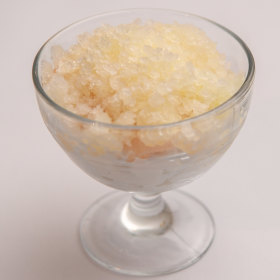 Lychee and coconut custard with lime granita ends the meal on a joyous note.