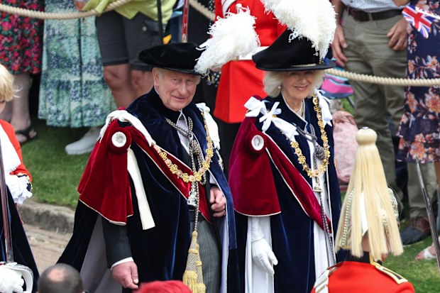 5: King Charles III and Queen Camilla arrive at St George's Chapel to attend the annual Order of the Garter Service at Windsor Castle on June 15, 2026 in Windsor, England. 