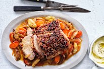 Danielle Alvarez’s mustard-glazed pork pot roast with apples and carrots.
