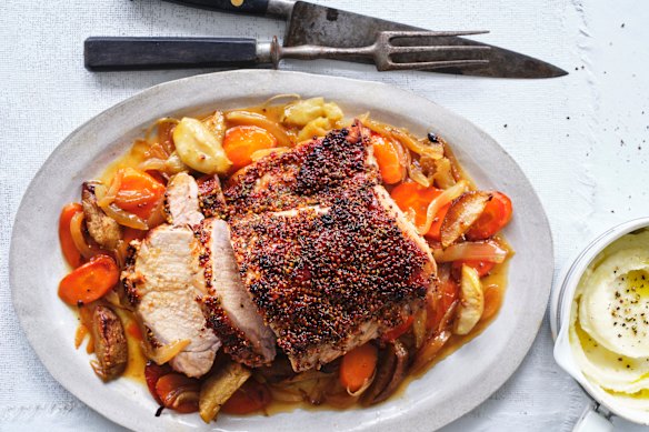 Danielle Alvarez’s mustard-glazed pork pot roast with apples and carrots.
