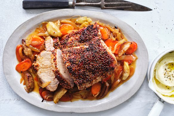 Danielle Alvarez’s mustard-glazed pork loin pot roast with apples and carrots. 