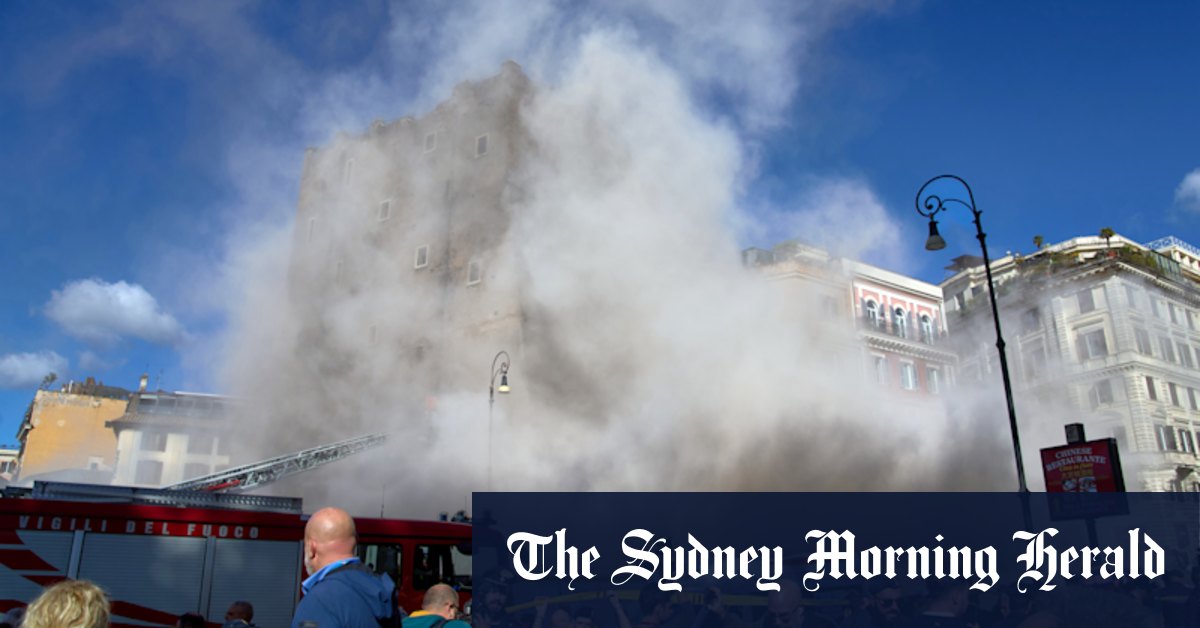 Medieval tower in Rome partially collapses, trapping a worker