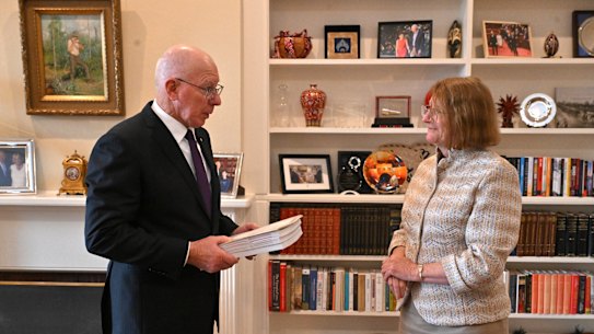 The robodebt royal commissioner, Catherine Holmes, SC, delivers her report to Governor-General David Hurley.