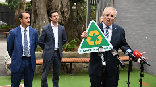 Prime Minister Scott Morrison promoting the government’s Remade in Australia campaign in the marginal Wentworth electorate, held by Liberal MP Dave Sharma. 