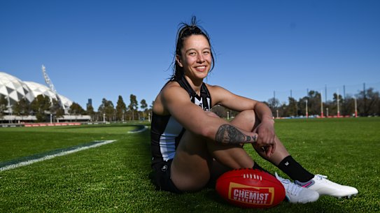AFLW Collingwood player Brit Bonnici about to play her 50th game, inaugural player, returning back from an ACL. 12th September 2023, The Age news Picture by JOE ARMAO