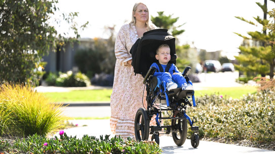 Lisa Otsen with her son Landon, 4, at a local park in Torquay.