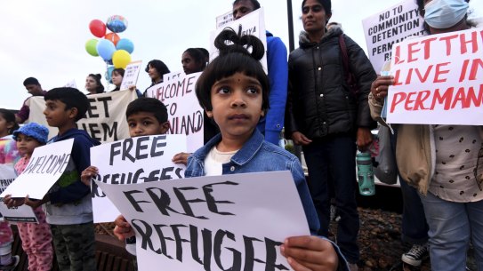 Supporters of the ‘Biloela family’ welcome the Murugappans at Perth Airport on Tuesday, June 15. Among them is Latasha Jesuthasan, 5. Picture: Sharon Smith
