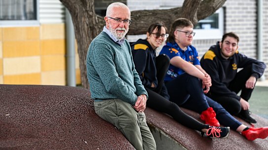 Kalianna School principal Peter Bush, with students Talia Blair, Zach Bingham and Jacob Creme, says schools should use the skills they developed during remote learning.